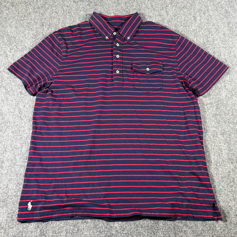 Polo‎ Ralph Lauren Mens XL Striped Short Sleeve Button Down Polo Shirt Navy Red